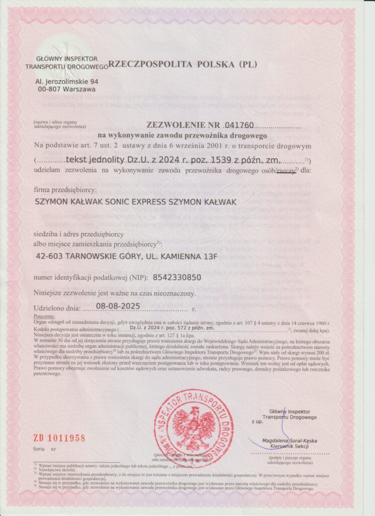 Zezwolenie Na Wykonywanie Zawodu Przewoźnika Drogowego Sonic Express